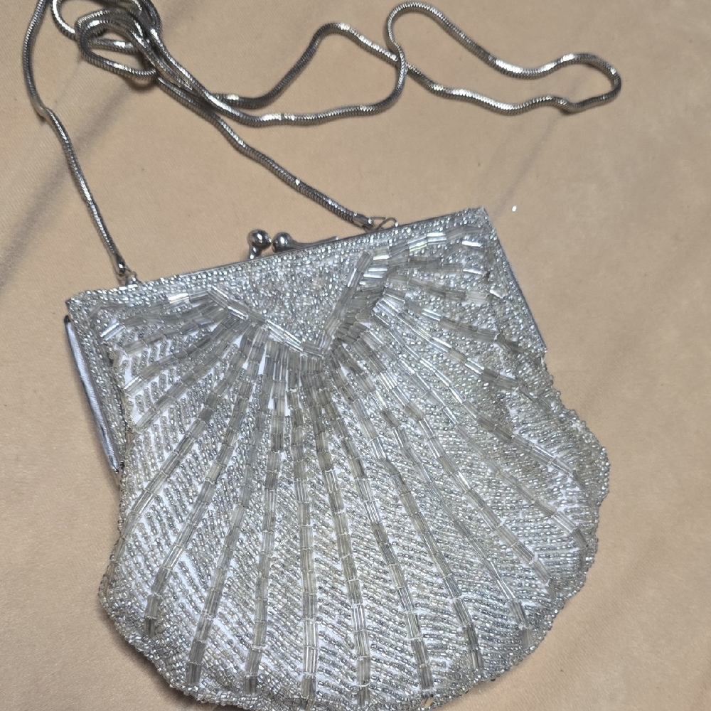 Elegant Silver Beaded Clutch